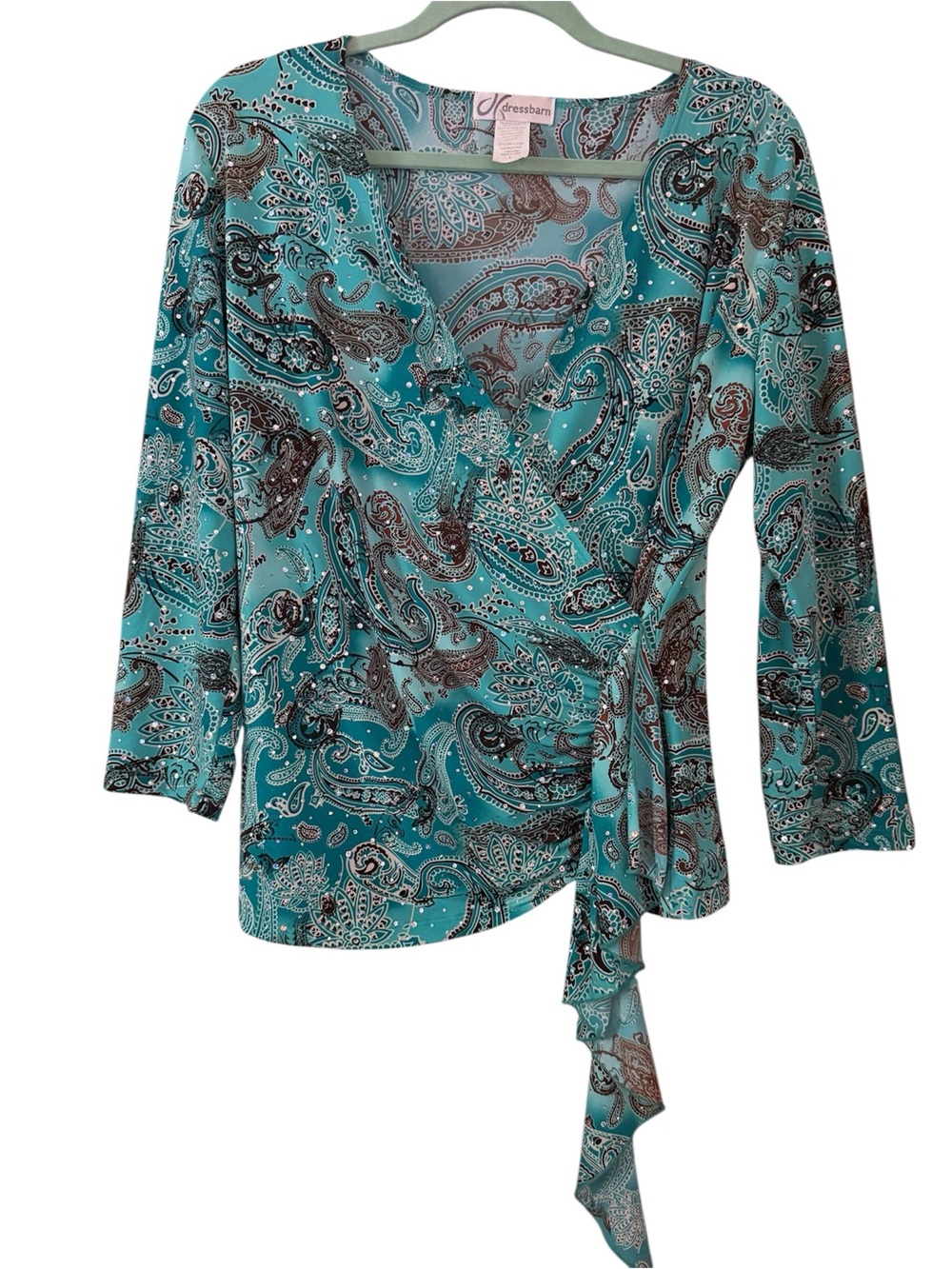 Y2K Dressbarn Rhinestone Teal Paisley Wrap Blouse Size Large
